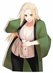  blonde_hair breasts brown_eyes character_name cleavage dotera_(clothes) facial_mark forehead_mark huge_breasts kris_yang long_hair looking_at_viewer naruto naruto_(series) solo tokkuri tsunade 