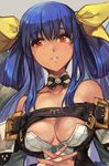  bare_shoulders blue_hair bow breasts detached_collar detached_sleeves dizzy eyebrows_visible_through_hair fingernails grey_background guilty_gear hair_bow hankuri interlocked_fingers long_hair medium_breasts red_eyes simple_background smile solo twintails upper_body yellow_bow 
