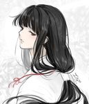  bangs black_hair blunt_bangs brown_eyes eyelashes half-closed_eyes ika_(4801055) inuyasha kikyou_(inuyasha) long_hair low-tied_long_hair parted_lips signature solo upper_body 