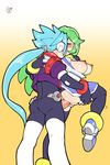  1boy 1girl bbc-chan blue_hair blush body_suit breasts clothed_sex colored doggystyle eyes_closed green_hair kissing long_hair pandora_(rockman) prometheus_(rockman) rockman rockman_zx rockman_zx_advent sex tagme vaginal 