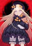  abigail_williams_(fate/grand_order) bangs black_bow black_dress black_hat blonde_hair bloomers bow bug butterfly commentary_request cowboy_shot dress fate/grand_order fate_(series) hair_bow hat highres insect ivan_wang long_hair long_sleeves looking_at_viewer object_hug orange_bow parted_bangs parted_lips polka_dot polka_dot_bow purple_eyes sleeves_past_fingers sleeves_past_wrists solo stuffed_animal stuffed_toy teddy_bear underwear very_long_hair white_bloomers 