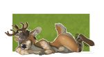  2017 animal_genitalia anthro antlers arm_support balls blue_eyes blue_nose brown_fur canine cervine claws fully_sheathed fur grey_hair hair head_tuft horn hybrid inner_ear_fluff leaning_on_elbow looking_at_viewer lying male mammal nude on_side pinup pose raised_tail sheath short_tail simple_background smile solo spots spotted_fur tan_fur thick_thighs white_claws white_fur xywolf 