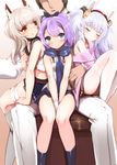  3girls :o animal_ears ayanami_(azur_lane) azur_lane bangs bare_shoulders between_legs black_ribbon blue_eyes blue_skirt blush breasts brown_hair bunny_ears camisole closed_eyes closed_mouth collarbone commander_(azur_lane) commentary_request crop_top eyebrows_visible_through_hair girl_sandwich gloves hair_between_eyes hair_ornament hair_ribbon hairband hand_between_legs harigane_shinshi head_out_of_frame head_tilt highres jacket javelin_(azur_lane) laffey_(azur_lane) light_brown_hair long_hair long_sleeves looking_at_another looking_at_viewer looking_back military military_jacket military_uniform multiple_girls off_shoulder pants parted_lips pink_jacket pleated_skirt ponytail purple_hair red_eyes red_hairband red_skirt ribbon sandwiched school_uniform serafuku shirt silver_hair sitting sitting_on_lap sitting_on_person skirt sleeping sleeveless sleeveless_shirt small_breasts smile thighhighs twintails uniform v_arms white_camisole white_gloves white_jacket white_legwear white_pants white_shirt 