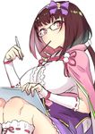  bangs bow breasts brown_hair cape detached_sleeves eyebrows_visible_through_hair fate/grand_order fate_(series) food glasses hair_bow high-waist_skirt holding holding_stylus large_breasts mouth_hold osakabe-hime_(fate/grand_order) pink_cape pocky purple_bow purple_skirt red_eyes shirt simple_background sitting skirt socks solo solopipb tablet white_background white_legwear white_shirt 