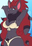  2017 anthro bearbox_doodletimes blue_eyes breasts canine claws clothing digital_media_(artwork) female fur hair lingerie looking_at_viewer mammal nintendo pok&eacute;mon pok&eacute;mon_(species) pubes simple_background smile solo video_games zoroark 