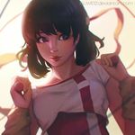  black_eyes black_hair blurry blurry_background commission depth_of_field deviantart_username guweiz headband jump_rope lipstick long_sleeves looking_to_the_side makeup parted_lips red_lipstick shirt short_hair solo takaya_noriko top_wo_nerae! upper_body 