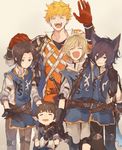  animal_ears arm_around_shoulder arthur_(granblue_fantasy) black_hair blonde_hair brown_gloves brown_hair closed_eyes cruz_(granblue_fantasy) erune gloves granblue_fantasy hair_intakes hand_on_another's_head harvin height_difference highres male_focus mordred_(granblue_fantasy) multiple_boys order_of_the_white_dragon_uniform red_gloves rozu_ki tornelio_(granblue_fantasy) vane_(granblue_fantasy) 