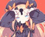  abigail_williams_(fate/grand_order) arms_up artist_name bangs black_bow black_dress black_hat blonde_hair blue_eyes blush bow dated dress fate/grand_order fate_(series) hair_bow hands_on_own_face hat head_tilt keyhole kotoba_(1074421015) long_hair long_sleeves looking_at_viewer orange_bow parted_bangs polka_dot polka_dot_bow red_background simple_background sleeves_past_wrists solo very_long_hair 