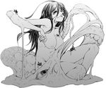  breasts bug eldritch_abomination extra_eyes extra_mouth greyscale hair_between_eyes horror_(theme) large_breasts long_hair looking_at_viewer monochrome nipples nude open_mouth original simple_background smile solo solopipb spider suction_cups white_background 