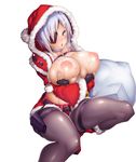  1girl aina_winchester areolae blue_eyes blush boots breast_hold breasts breasts_outside christmas cleavage curvy eyepatch heavy_breathing holding hoodie huge_breasts lilith-soft looking_at_viewer nipples no_bra open_mouth pantyhose potion_(moudamepo) puffy_nipples santa_hat shiny_skin short_hair silver_hair simple_background skirt solo sweat taimanin_(series) taimanin_asagi_battle_arena tears white_background 