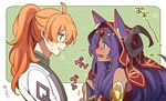  1girl animal_ears blush bridal_gauntlets choco_taberusan dark_skin ears_through_headwear fate/grand_order fate_(series) green_background green_outline hood horns long_hair orange_hair outline outside_border polka_dot polka_dot_background purple_hair queen_of_sheba_(fate/grand_order) romani_archaman simple_background tears translation_request upper_body wavy_mouth 