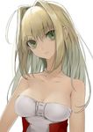  ahoge bare_arms bare_shoulders blonde_hair breasts cleavage collarbone dress eyebrows_visible_through_hair eyes_visible_through_hair fate/extra fate_(series) green_eyes hair_between_eyes hair_intakes head_tilt long_hair looking_at_viewer medium_breasts mins_(minevi) nero_claudius_(fate) nero_claudius_(fate)_(all) parted_lips simple_background solo upper_body white_background white_dress 
