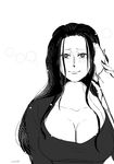  1girl alone black_hair breasts cleavage female large_breasts long_hair monochrome nico_robin one_piece sideboob simple_background smile solo white_background 
