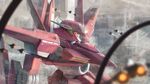  airplane ambiguous_gender arche_gundam blurry blurry_foreground building city day depth_of_field fighter_jet glowing glowing_eyes gundam gundam_00 guweiz highres jet mecha military military_vehicle motion_blur outdoors robot skyscraper solo standing 