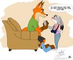  2017 anthro bandage blush canine cast chair clothed clothing dialogue dipstick_ears disney duo ears_down female fox fur gloves_(marking) green_eyes hand_holding hi_res inner_ear_fluff judy_hopps lagomorph male mammal markings nick_wilde purple_eyes rabbit simple_background sitting size_difference standing starfangssecrets zootopia 