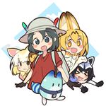  &gt;_&lt; :3 :d absurdres animal_ears bare_shoulders black_eyes black_gloves black_hair blonde_hair blush_stickers bow bowtie brown_eyes closed_eyes closed_mouth common_raccoon_(kemono_friends) elbow_gloves eyebrows_visible_through_hair fang fennec_(kemono_friends) fox_ears gloves grey_hat hair_between_eyes hat hat_feather helmet highres kaban_(kemono_friends) kemono_friends looking_at_viewer lucky_beast_(kemono_friends) mousou_(mousou_temporary) multiple_girls open_mouth orange_eyes paw_pose pink_shirt pith_helmet puffy_short_sleeves puffy_sleeves raccoon_ears red_shirt serval_(kemono_friends) serval_ears serval_print shirt short_hair short_sleeves sleeveless sleeveless_shirt smile white_gloves white_shirt xd yellow_neckwear 