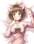  1girl animal_ears arm_up bare_shoulders bed_sheet black_ribbon blush breasts brown_hair cat_ears cleavage collarbone dress eyebrows_visible_through_hair eyes_visible_through_hair fang green_eyes hand_to_own_mouth highres idolmaster idolmaster_cinderella_girls jewelry kyamu_(qqea92z9n) looking_at_viewer lying maekawa_miku medium_breasts on_back open_mouth pendant pink_dress ribbed_dress ribbon short_hair solo upper_body 