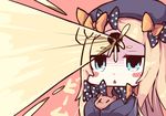  abigail_williams_(fate/grand_order) bangs beam black_bow black_dress black_hat blonde_hair blue_eyes blush_stickers bow dress fate/grand_order fate_(series) forehead_beam hair_bow hat kotoba_(1074421015) long_hair long_sleeves looking_at_viewer object_hug orange_bow parted_bangs parted_lips polka_dot polka_dot_bow red_background shaded_face simple_background sleeves_past_wrists solo stuffed_animal stuffed_toy teddy_bear translated triangle_mouth 