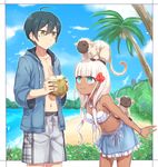  1girl ahoge animal beach bead_necklace beads bikini bikini_top black_hair blue_eyes blush bra coconut coconut_tree danganronpa day flower hair_flower hair_ornament jewelry long_hair miniskirt monkey navel necklace new_danganronpa_v3 palm_tree saihara_shuuichi short_hair skirt smile sumimoto_ryuu swimsuit tree twintails underwear yellow_eyes yonaga_angie 