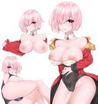  alternate_costume areolae blush breasts cameltoe closed_mouth coat covered_navel detached_collar epaulettes error_dot fate/grand_order fate_(series) hair_over_one_eye highres large_breasts leotard mash_kyrielight multiple_views nipples no_bra nose_blush open_mouth pink_hair pink_skin purple_eyes red_coat short_hair strapless strapless_leotard undressing 