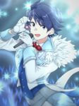  alternate_costume blue_eyes blue_hair bow bowtie gloves heart highres idolmaster idolmaster_side-m looking_at_viewer male_focus red_neckwear smile snowflake_print solo sparkle spiked_hair taiga_takeru upper_body white_gloves 