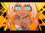  1girl 4 bead_necklace beads danganronpa dark_skin happy jacket jewelry necklace new_danganronpa_v3 open_mouth seashell shell silver_hair smile solo tied_hair twintails yellow_jacket yonaga_angie 