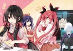  :d angry apron black_hair blush chocolate clenched_teeth cookie cooking cutting date_a_live detexted eating eighth_note food hair_ribbon highres holding holding_food holding_knife itsuka_kotori knife long_hair looking_at_another looking_back multiple_girls musical_note official_art one_eye_closed open_mouth playing_games purple_eyes purple_hair red_eyes red_hair ribbon short_hair silver_hair smile spoken_musical_note teeth third-party_edit tobiichi_origami tokisaki_kurumi tsunako twintails very_long_hair yatogami_tooka 