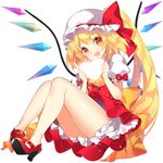  :d ascot bangs bare_legs blonde_hair bloomers bow flandre_scarlet full_body hat hat_bow heart high_heels holding long_hair looking_at_viewer mary_janes miniskirt mob_cap no_socks open_mouth ponytail red_bow red_eyes red_footwear red_skirt roh_nam_kyung sash shoes skirt smile solo touhou underwear very_long_hair white_hat wings 