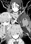  bangs bare_shoulders black_dress black_hairband center_opening dark_skin dragon_girl dragon_horns dress eyebrows_visible_through_hair fan fate/grand_order fate/prototype fate/prototype:_fragments_of_blue_and_silver fate_(series) glasses greyscale hair_over_one_eye hairband hassan_of_serenity_(fate) horns jacket japanese_clothes kiyohime_(fate/grand_order) long_hair mash_kyrielight mask mask_removed minamoto_no_raikou_(fate/grand_order) monochrome multiple_girls necktie oumi_(rsag) parted_bangs sash short_hair very_long_hair 
