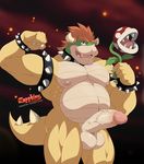  anthro balls big_penis bowser collar erection flexing hair horn humanoid_penis koopa looking_at_viewer male mario_bros musclegut muscular muscular_male nintendo nipples open_mouth penis scalie smile solo standing vein video_games zapphier 