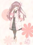  1girl alternate_costume black_legwear blouse brown_hair casual chame_(myyo04) coat dated flower full_body fur-trimmed_boots fur_trim head_tilt kantai_collection kisaragi_(kantai_collection) long_hair long_sleeves looking_at_viewer open_mouth pantyhose pink_coat pleated_skirt purple_eyes ribbon signature skirt smile solo traditional_media twitter_username 
