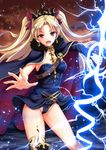  :d bangs black_cape black_footwear black_leotard blonde_hair blush buckle cape cloud cloudy_sky contrapposto earrings electricity ereshkigal_(fate/grand_order) eyebrows_visible_through_hair fate/grand_order fate_(series) foreshortening fur_collar hair_ribbon highres holding holding_weapon jewelry legs_apart leotard light_particles long_hair looking_at_viewer open_mouth outstretched_arm palms parted_bangs red_eyes red_ribbon ribbon shiny shiny_skin single_thigh_boot sky smile solo standing strapless strapless_leotard tiara tsurime two_side_up v-shaped_eyebrows weapon youshuu 