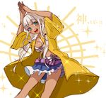  1girl bead_necklace beads blue_eyes bra breasts cleavage danganronpa dark_skin happy jacket jewelry long_hair looking_at_viewer medium_breasts miniskirt necklace new_danganronpa_v3 open_mouth rukito seashell shell silver_hair skirt smile solo tied_hair twintails yellow_jacket yonaga_angie 