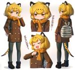  animal_ears animal_print backpack bag blonde_hair blush blush_stickers brown_eyes closed_eyes closed_mouth eyebrows_visible_through_hair iwahana jaguar_(kemono_friends) jaguar_ears kemono_friends looking_at_viewer multiple_views open_mouth orange_scarf parted_lips scarf short_hair smile tail translation_request zebra_print 
