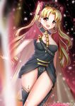  :d artist_name black_legwear blonde_hair bow buckle crown earrings ereshkigal_(fate/grand_order) fate/grand_order fate_(series) hair_bow hair_ribbon highres jewelry katou_shinobu long_hair looking_at_viewer mini_crown necklace open_mouth red_eyes ribbon skull smile solo 