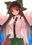  arm_cannon asuzemu black_hair bow breasts commentary_request cowboy_shot green_bow green_skirt hair_bow large_breasts long_hair looking_at_viewer puffy_short_sleeves puffy_sleeves red_eyes reiuji_utsuho shirt short_sleeves skirt solo touhou very_long_hair weapon white_shirt 