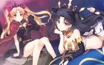  arm_at_side bangs bare_shoulders belt black_dress black_hair black_legwear black_panties black_ribbon blonde_hair blush breasts bridal_gauntlets cape cleavage closed_mouth collar detached_sleeves dress earrings ereshkigal_(fate/grand_order) eyebrows_visible_through_hair fate/grand_order fate_(series) hair_ribbon hand_on_own_chin ishtar_(fate/grand_order) jewelry juugonichi_(wheeliex2) long_hair long_legs long_sleeves looking_at_viewer lying medium_breasts multiple_girls on_stomach panties pantyshot pantyshot_(sitting) parted_bangs red_cape red_eyes red_ribbon ribbon rock short_dress single_detached_sleeve sitting skirt sky smile star_(sky) starry_sky stirrup_legwear sweat thighhighs tiara toeless_legwear tsurime two_side_up underwear v-shaped_eyebrows white_skirt 