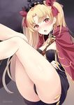  ass black_panties blonde_hair blush buckle cape commentary_request earrings ereshkigal_(fate/grand_order) fate/grand_order fate_(series) hair_ribbon highres jewelry kaetzchen legs long_hair long_legs looking_at_viewer open_clothes open_mouth panties red_cape red_eyes red_ribbon ribbon shiny shiny_hair skull solo tiara twintails underwear 