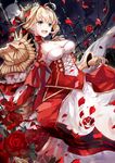  :d aestus_estus ahoge amatsukiryoyu armor blonde_hair blush breasts cleavage cleavage_cutout dress dutch_angle epaulettes fate/extra fate_(series) fence flower from_below full_moon gauntlets green_eyes hair_bun hair_ribbon head_wreath heart heart_print highres holding holding_sword holding_weapon medium_breasts moon nero_claudius_(fate) nero_claudius_(fate)_(all) night night_sky open_mouth petals red_dress red_flower red_ribbon red_rose ribbon rose rose_petals short_hair shoulder_armor sidelocks skirt_hold sky smile solo standing sword v-shaped_eyebrows weapon wind 
