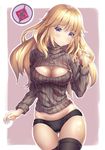  alternate_costume alternate_hairstyle ass_visible_through_thighs black_legwear black_panties black_sweater breasts cleavage cleavage_cutout closed_mouth condom_wrapper cowboy_shot cross cross_necklace eyebrows_visible_through_hair fate/apocrypha fate_(series) holding jeanne_d'arc_(fate) jeanne_d'arc_(fate)_(all) jewelry long_hair long_sleeves looking_at_viewer medium_breasts meme_attire necklace open-chest_sweater outline panties pendant purple_background shiny shiny_hair simple_background smile solo standing sweater tareme thigh_gap thighhighs turtleneck turtleneck_sweater underwear white_outline xi_zhujia_de_rbq 