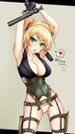  =) armpits arms_up bangs bare_arms belt belt_buckle black_gloves black_vest blonde_hair braid breasts brown_belt buckle cleavage collarbone corset eyebrows_visible_through_hair franz_(217franz) french_braid girls_frontline gloves green_eyes gun handgun heart highres holding holding_gun holding_weapon holster jewelry large_breasts legs_apart looking_at_viewer necklace open_mouth panties pinstripe_pattern pistol short_hair short_twintails solo spoken_heart standing striped thigh_holster twintails twitter_username underwear v-shaped_eyebrows vest weapon welrod welrod_mk2_(girls_frontline) white_panties 
