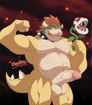  anthro balls big_penis bowser collar erection flexing hair horn humanoid_penis koopa looking_at_viewer male mario_bros musclegut muscular muscular_male nintendo nipples open_mouth penis scalie smile solo standing vein video_games zapphier 