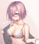  bare_arms bare_shoulders beige_background black-framed_eyewear blush bow bow_bra bra breasts bright_pupils cleavage closed_mouth collarbone eyebrows_visible_through_hair eyes_visible_through_hair eyeshadow fate/grand_order fate_(series) frilled_bra frills glasses gradient gradient_background hair_over_one_eye looking_away looking_down makeup mash_kyrielight medium_breasts nose_blush nullken open_clothes open_shirt pink_bra pink_hair purple_eyes red_bow shirt short_hair solo striped translated underwear upper_body vertical-striped_bra vertical_stripes white_shirt 