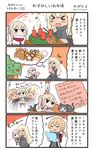  &gt;_&lt; 3girls 4koma animal bare_shoulders bismarck_(kantai_collection) blonde_hair capelet cat christmas_tree comic commentary_request detached_sleeves food gingerbread_cookie gingerbread_man graf_zeppelin_(kantai_collection) heart highres kantai_collection long_sleeves low_twintails megahiyo military military_uniform multiple_girls no_hat no_headwear open_mouth prinz_eugen_(kantai_collection) sidelocks smile speech_bubble stollen translated twintails uniform unsinkable_sam 