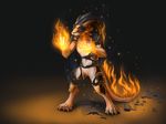  4_ears anthro anus black_fur blue_eyes charr claws fangs feline female fire flat_chested fluffy fluffy_tail fur guild_wars hair hi_res horn jackrow magic magic_user mammal mane multi_ear nude simple_background solo standing text video_games white_fur 