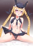  ass_visible_through_thighs bed bed_sheet black_gloves black_ribbon blonde_hair blush braid breasts commentary_request eyebrows_visible_through_hair eyes_visible_through_hair fingerless_gloves girls_frontline gloves gmkj hair_between_eyes hair_ribbon hat head_tilt highres lifted_by_self long_hair looking_at_viewer navel necktie open_clothes panties pleated_skirt purple_eyes ribbon seductive_smile side-tie_panties simple_background sitting skirt skirt_lift small_breasts smile solo sr-3mp_(girls_frontline) stomach tongue tongue_out twin_braids twintails underwear very_long_hair 