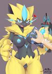  ! 2017 anthro blue_eyes blush breast_grab breasts electricity female fur hand_on_breast lucario nintendo nude pok&eacute;mon pok&eacute;mon_(species) pussy red_eyes video_games wolflong yellow_fur zeraora 