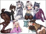  ahoge all_fours alternate_legwear animal animal_ears animal_on_head aqua_hair arm_behind_back ass black_border black_cat black_hairband black_legwear black_panties black_serafuku black_shirt black_skirt blonde_hair blue_eyes blue_hair blue_skirt blush border bow bowtie bra braid breasts brown_eyes brown_hair brown_skirt buttons cat cat_ears cat_on_head cleavage closed_mouth collared_shirt covering_mouth dark_skin embarrassed eyebrows_visible_through_hair fake_animal_ears feet fox_ears fox_tail frilled_skirt frills full_body gloves green_eyes grey_jacket grey_skirt hair_between_eyes hair_ornament hair_over_one_eye hair_over_shoulder hair_ribbon hairband hairclip hamakaze_(kantai_collection) hand_on_own_cheek hands_up hat jacket kantai_collection kemonomimi_mode knees_up legs_up long_hair long_sleeves looking_at_viewer looking_back lying medium_breasts miniskirt multiple_girls navel neckerchief nijimoto_hirok no_shoes on_back on_head one_side_up open_clothes open_jacket open_shirt panties panties_under_pantyhose pantyhose pantyshot pantyshot_(sitting) party_hat paw_pose pink_panties pink_sweater pleated_skirt purple_legwear red_bow red_bra red_neckwear red_ribbon remodel_(kantai_collection) ribbon ro-500_(kantai_collection) school_uniform seiza serafuku shigure_(kantai_collection) shirt simple_background single_braid sitting skirt sleeves_past_wrists smile soles suzutsuki_(kantai_collection) suzuya_(kantai_collection) sweater swimsuit swimsuit_under_clothes tail thighband_pantyhose thighhighs thighs underwear ushio_(kantai_collection) very_long_hair wariza white_background white_gloves white_hairband white_legwear white_neckwear white_shirt white_skirt wing_collar yellow_neckwear zettai_ryouiki 