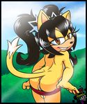  2017 amuzoreh anthro anus bent_over breasts brown_eyes butt cat clothed clothing eyelashes feline female fur grass hair half-closed_eyes honey_the_cat looking_at_viewer looking_back mammal nipples outside presenting pussy skirt_down smile solo sonic_(series) topless 