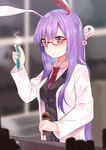  ? animal_ears asuzemu bangs bespectacled blazer blurry blurry_background bottle bunny_ears glasses hand_up holding indoors jacket labcoat long_hair necktie pink_eyes purple_hair red-framed_eyewear red_neckwear reisen_udongein_inaba solo touhou very_long_hair vial wing_collar 